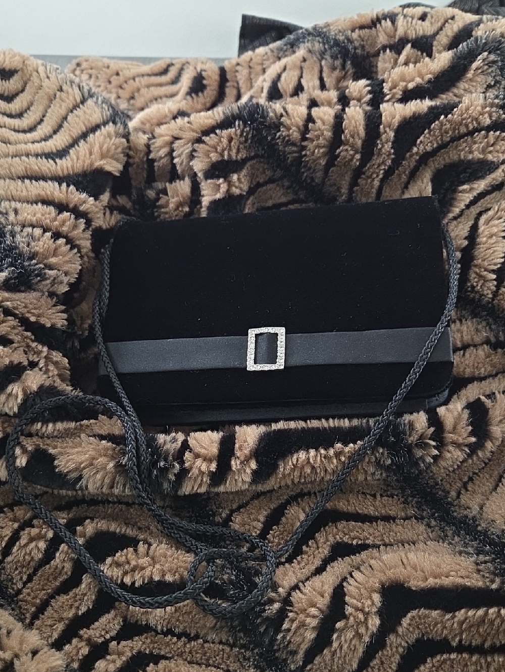 Hillard &Handson Black Velvet Evening Crossbody Bag Purse with Rhinestone Buckle